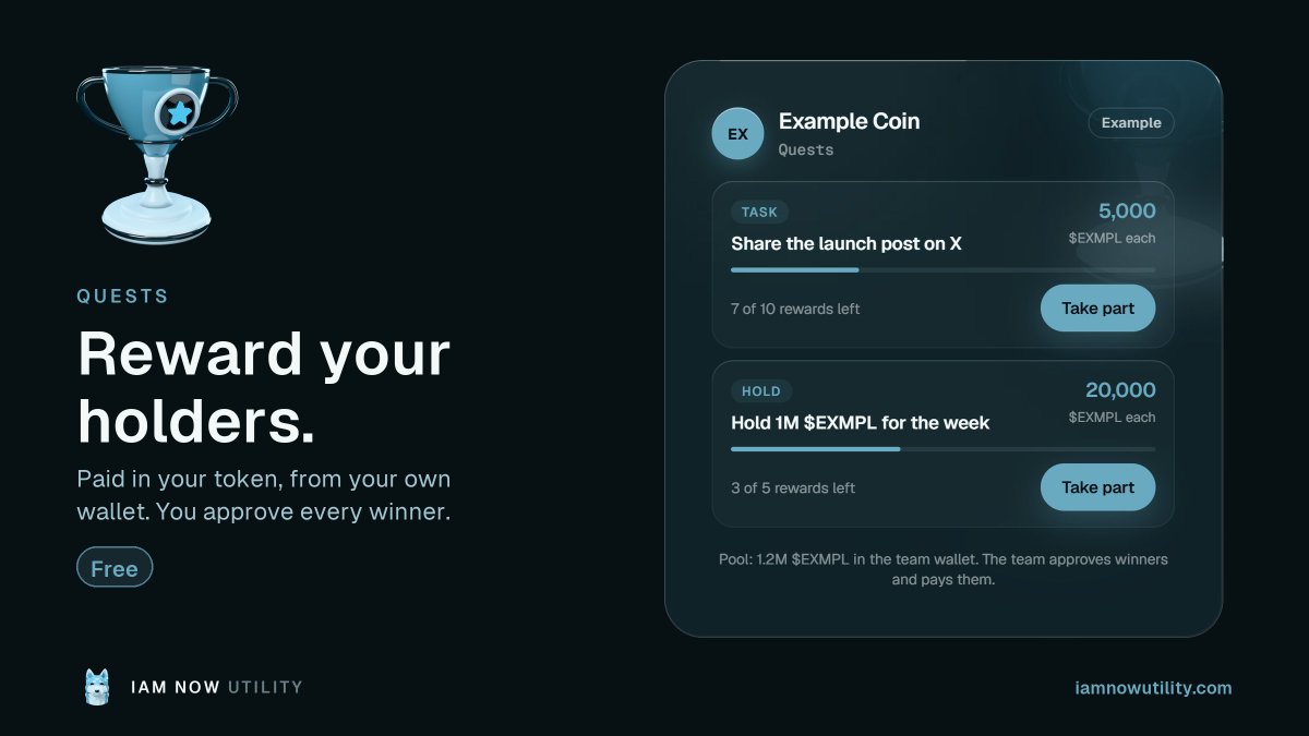 IamNowUtility's tweet photo. Quests reward the holders who show up.

You post the task. They take part. You pay the winners from your own wallet. https://t.co/HvFR6zNYw5