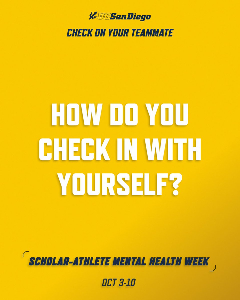 UCSDtritons's tweet photo. How do you check in with yourself?

Taking care of yourself can look different for everyone. Hear what helps Triton scholar-athletes reset, recharge and make time for themselves!

#CheckOnYourTeammate #ScholarAthleteMentalHealthWeek #SAMHW26 #GoTritons https://t.co/jinsbXNKhW