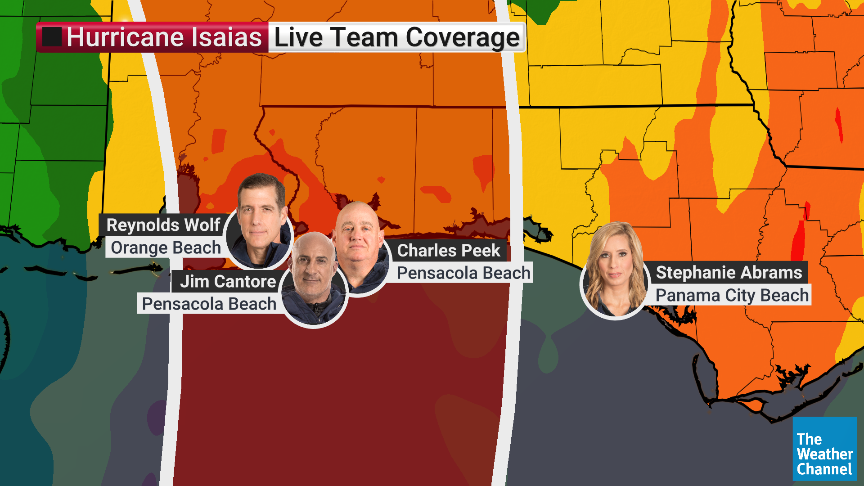 weatherchannel's tweet photo. Our meteorologists are LIVE from the field, bringing you the latest on Hurricane #Isaias. Watch on air or download our TV app to stream: https://t.co/2dPa0Frz8x ⬇️ https://t.co/HKKqIz76De