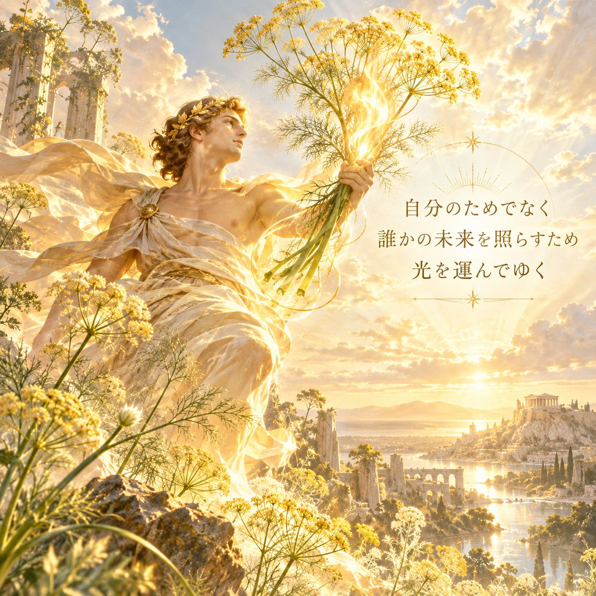 KazuhiroSuzukiX's tweet photo. 【10月9日の誕生花のひとつ】
フェンネル

【花言葉】
強い意志・勇敢・賞賛に値する など

【フェンネルのギリシャ��話】
人々の未来を想ったプロメテウスは、神々の火を持ち出し、フェンネルに火種を隠して、人間のもとへ運びました。
その火によって、人々は暖をとり、料理をし、道具をつくり、暮らしを発展させていきました。

フェンネルは、誰かの未来へ光を届ける花として見ることができま��。

自分が輝くことだけではなく、大切な人の未来が少しでも明るくなるように、そっと光を灯していく。

本日も、そのように生きていきましょう。