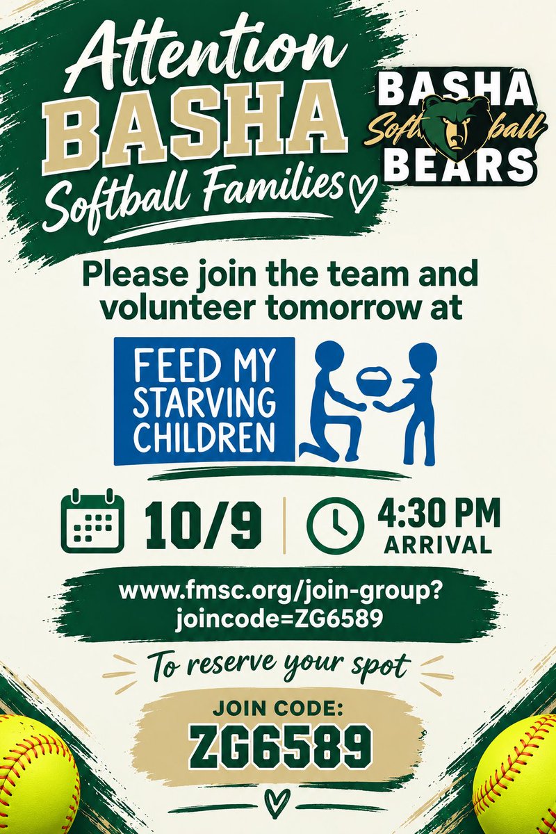 basha_softball's tweet photo. Join us tomorrow night 10/9 at 4:30p for another GIVE BACK TO OUR COMMUNITY event! None other than @fmsc_org, the Basha Bears are back to pack (some meals)! @bashabearnation @EMagana20 @MarquesReischl @CUSDAthletics @BashaAthletics @coachcbright @KaileyPomeroy https://t.co/a6UQwJVUOR