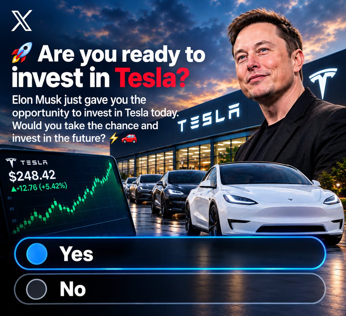 TeslaEmpireHQ's tweet photo. 🚀 Are you ready to invest in Tesla?

Elon Musk just gave you the opportunity to invest in Tesla today. Would you take the chance and invest in the future? ⚡🚘

A. YES 

B. NO

Comment your answers below https://t.co/GftyZS8NCa