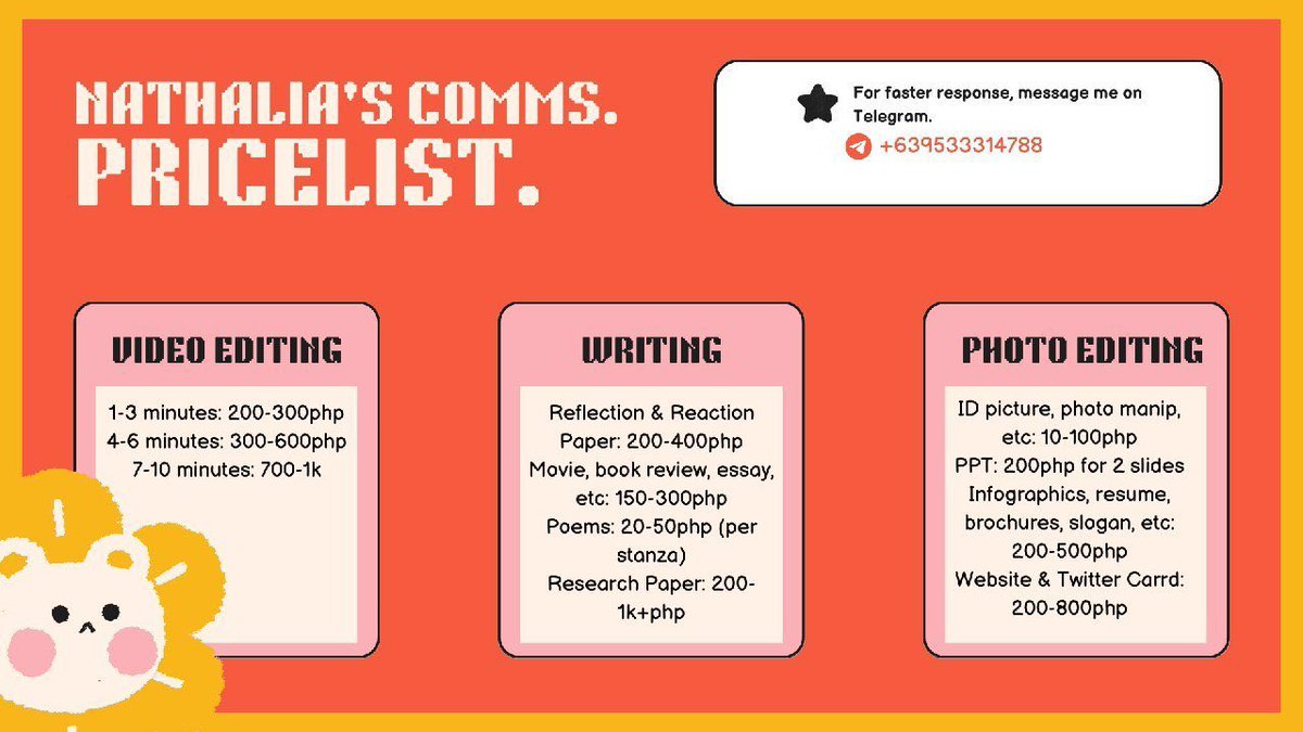jianarchi's tweet photo. academic commission now open! 💌 ☄️
for faster response, DM me @/ telegram : +639922242962

📎writing
📎graphic design
📎video-editing
📎 photo-editing
📎research
 📎 rendering
📎 web design

🏷️— lf client academic commission writing essay ph acad comms research autocad render https://t.co/iUkr5rnM0n