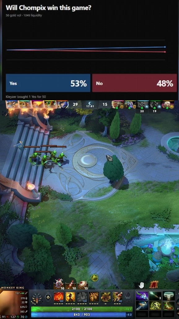Chompix's tweet photo. I've built a prediction market for my pub games where you can try Polymarket-style trading in a fun, risk-free environment. There are no real stakes; it is just a chance to earn bragging rights on my channel.

You may have seen Polymarket featured at Blast Slam and other esports tournaments and wondered how it works. While tutorials can help, the best way to learn is by giving it a try. Join my stream to predict whether I'll win a pub game and experience how trading works firsthand. Like any market, the odds can be skewed if there are only a few traders, just as in Dota2 markets with low liquidity.

Currently, the Chompix market supports only basic buy and sell actions; there are no limit orders yet. The leaderboard also tracks the top traders, and you can brag about it.

How is this different from regular predictions?

With regular predictions, you can only participate during a set window. In the market, trading stays open until the event is resolved, so you can buy or sell your shares at any time.

#Dota2