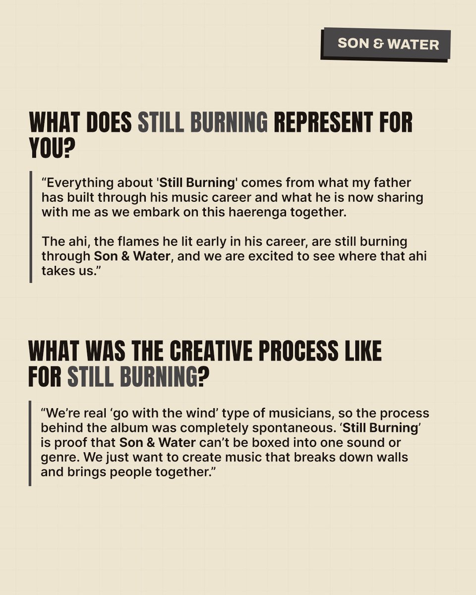 Precise_Digital's tweet photo. @sonandwaternz debut album ‘Still Burning’ has arrived 🔥

Drawing on the musical foundations passed down to Daimond by his father and bandmate, Jamey Ferguson, co-founder of iconic reggae band Katchafire, ‘Still Burning’ carries a powerful generational legacy.

Son & Water continue to keep that flame alive through their sound, which has dominated the charts and ignited stages across the Pacific over the past year.

“We hope people connect with the album, enjoy the waiata, feel the wairua and, most importantly, that the music leads to kotahitanga, togetherness.”

‘Still Burning’ is out now on all streaming platforms.
Listen: https://t.co/BdeaQXtHPc