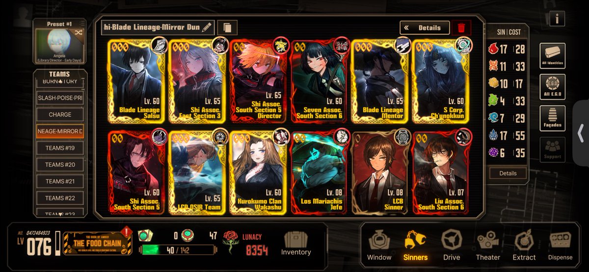 MothHwan's tweet photo. @Eva2talk2 It’s ready.. I have no thread and wasted a bunch of sinner shards on getting more, and a bunch of enkephalin on leveling them up, but I swear this’ll go triple plat.. I am also bringing seven assoc. ryoshu in combat encounters bc of her broken slash fragility infliction on s3 https://t.co/MhfEZqtvll