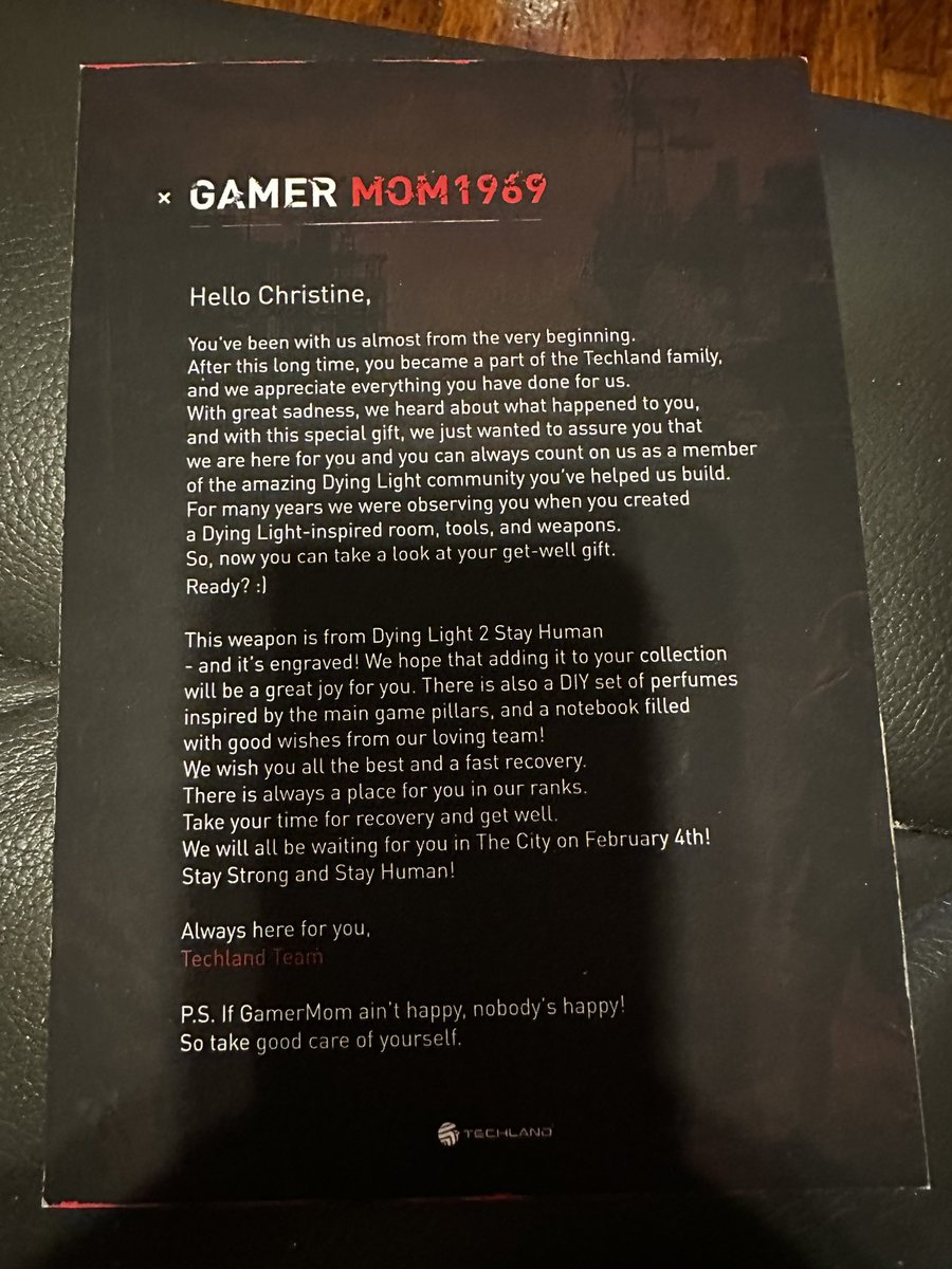 GamerMom1969's tweet photo. Was going through some boxes today and came across some amazing memories!! Especially this one from @TechlandGames @DyingLightGame team! You guys have always had my back and I love you for it! Stay true to your fans, we will never forget it!! 🥹❤️ https://t.co/toY5HHhvBW