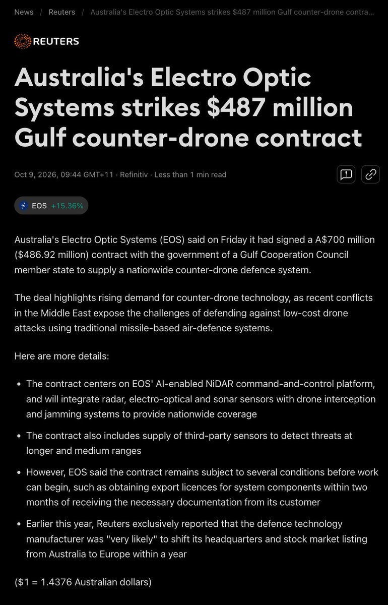 richreduk's tweet photo. $EOS - Electric Optic Systems

HUGE NEWS! 

But all we care about..... Is good news matched with a good reaction ? 

Yesterday was an awesome shakeout. https://t.co/D7lXxrPtYH