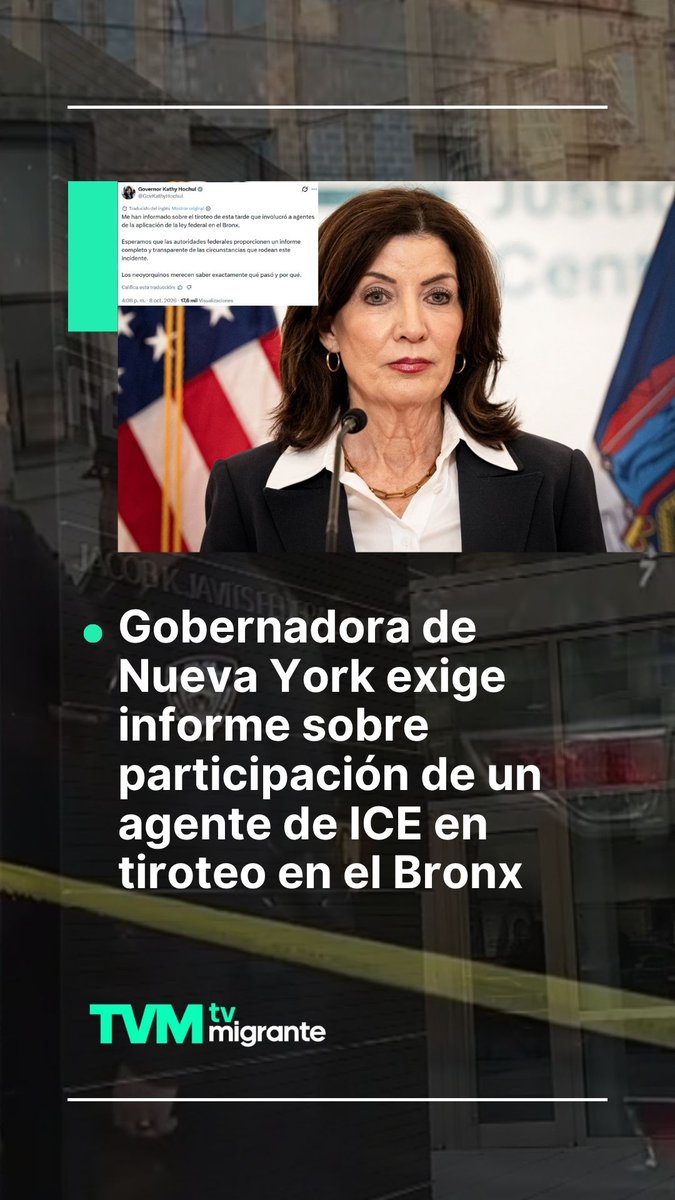TvMigrante's tweet photo. #TvMigranteInforma

🇺🇲 La gobernadora de #NuevaYork, @GovKathyHochul, exigió a las autoridades federales esclarecer los hechos ocurridos durante un tiroteo en el que estuvieron involucrados agentes del #ICE en el barrio de #MarbleHill, en el #Bronx, Nueva York. 👇🏽 https://t.co/FTKxR4lqoQ