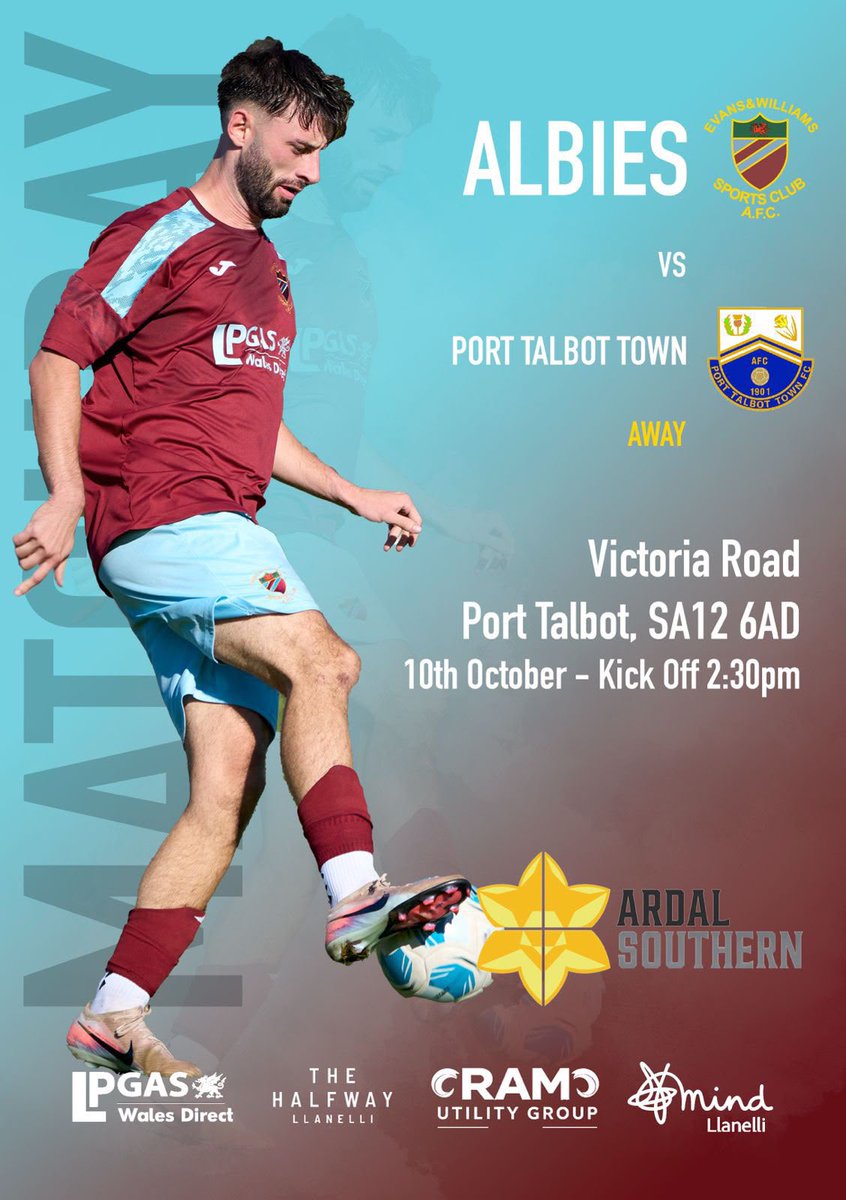 EvansWilliamsFC's tweet photo. ๐๐๐ฉ๐๐๐๐๐ฎ ๐ด
๐ @PortTalbotTown
๐๏ธ Saturday 10th October
๐ฃ Kick off : 2:30pm
๐ Victoria Road, Port Talbot, SA12 6AD.
Saturday, weโre on the road as we travel to Victoria Road to face Port Talbot Town FC in an @ArdalSouthern South West League fixture. #Albies https://t.co/inBdPSZ9HR