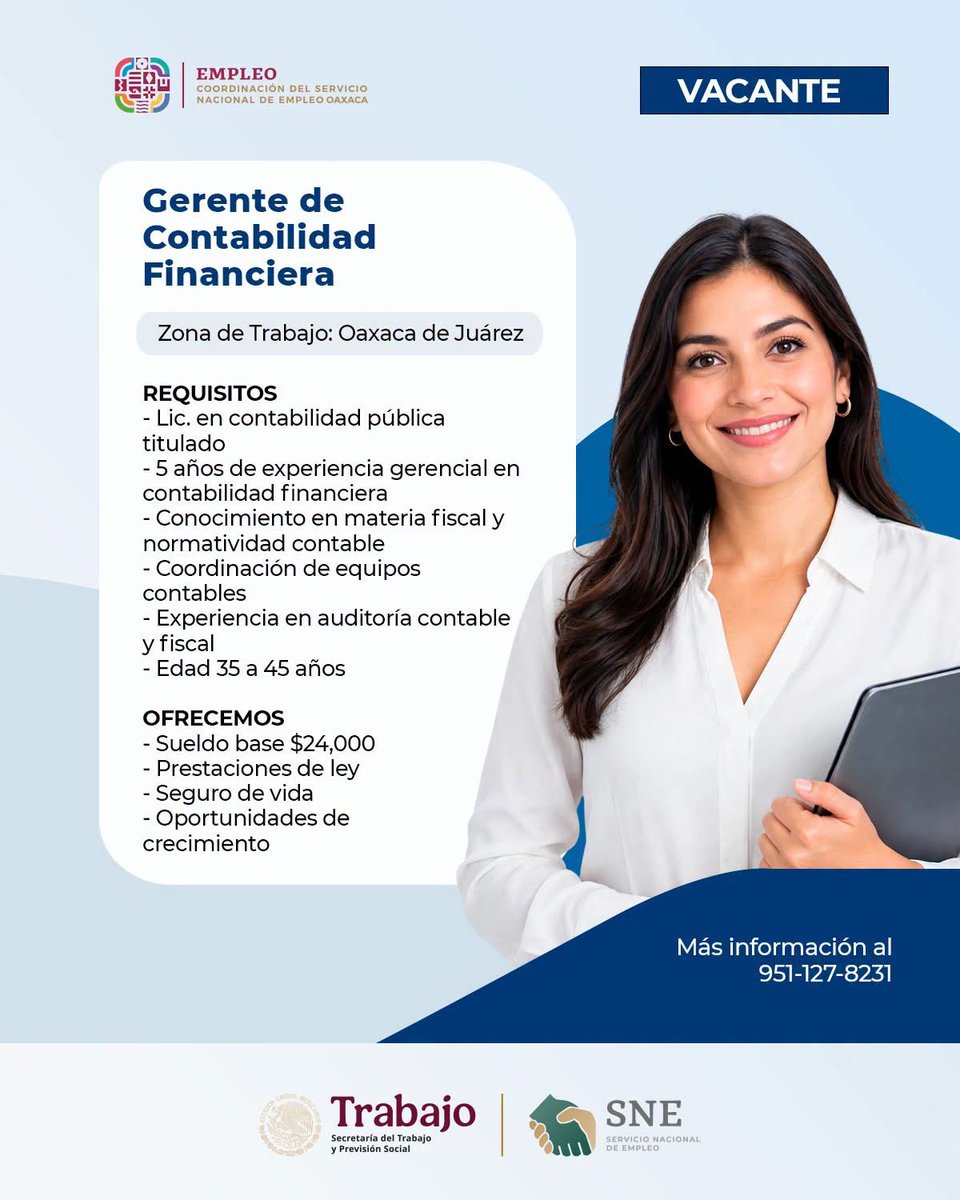 SNEOaxaca's tweet photo. #VACANTE DISPONIBLE EN OAXACA DE JUÁREZ
GERENTE DE CONTABILIDAD FINANCIERA
BENEFICIOS
▪ Sueldo base $24,000
▪ Prestaciones de ley
▪ Seguro de vida
▪ Oportunidades de crecimiento
MÁS INFORMACIÓN
WhatsApp 📲 951-127-8231
#sne #oaxaca #empleo #vallescentrales #valles https://t.co/jnwRXKZ5kS