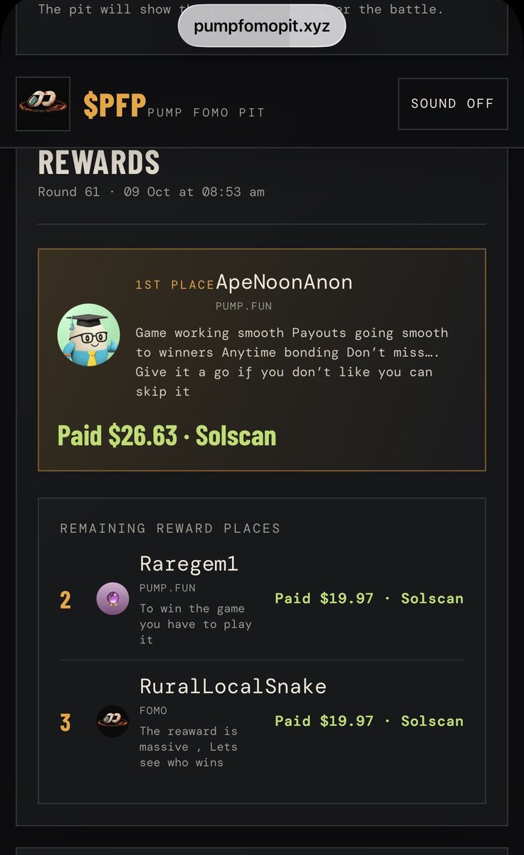 GillTheGreat1's tweet photo. Game is being serious now

Big rewards of $SOL is being deposited in winners wallets immediately @PumpFomoPit 

$PFP is P2E game token which is recently graduated purely organically.

Fu2oZoGxFtCDp29NKA4A89xcn255khq9xbxG7Mmtpump https://t.co/NmdSYJy8VP