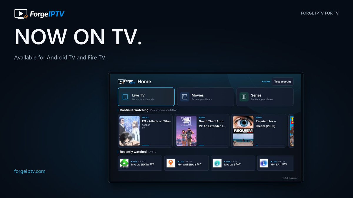 ForgeIPTV's tweet photo. ForgeIPTV is now on TV 📺

Built for Android TV and Fire TV, with Live TV, Movies, Series, EPG and more.

Try it free for 7 days.

https://t.co/XLvyVMD361

#IPTV #AndroidTV #FireTV https://t.co/HbmIWjaGFH