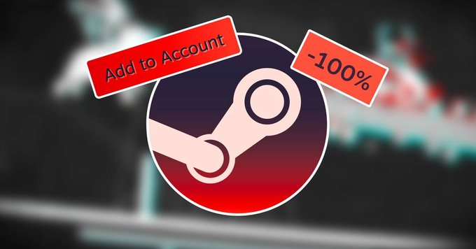 A Steam logo overlaid with red stickers reading 'Add to Account' and '-100%', set against a blurred background.