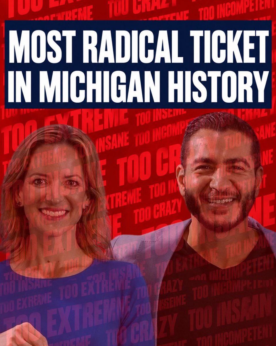 JohnJamesMI's tweet photo. ALL EYES ON MICHIGAN.

Democrats have nominated the most RADICAL ticket in Michigan history.

Abdul El-Sayed is on the debate stage RIGHT NOW, and he and Jocelyn Benson are running on the SAME EXTREME ticket.

Their radical agenda will defund the police and take away your private healthcare.

We must stop their madness and save our beautiful state.