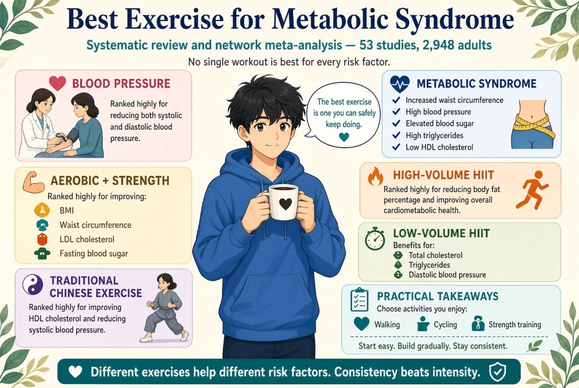 KrittanawongMD's tweet photo. 🏃‍♂️ What’s the best exercise for metabolic syndrome?

The answer may be more complicated than you think!

A new systematic review and network meta-analysis in iScience compared 10 exercise approaches across 53 studies involving 2,948 participants.

🔹 Aerobic + strength training: Benefits for waist size, LDL cholesterol, and blood sugar.

🔹 High-volume HIIT: Ranked highly for reducing body fat.

🔹 Low-volume HIIT: Showed benefits for cholesterol, triglycerides, and blood pressure.

🔹 Traditional Chinese exercises: Ranked highly for HDL (“good” cholesterol) and systolic blood pressure.

❤️ The takeaway: No single workout is best for every health goal.

You don’t have to do intense workouts to improve your health. Find activities you enjoy, combine cardio with strength training when possible, and choose a routine you can stick with.

The best exercise is one that fits your goals, abilities, and life.

📄 Read the study: https://t.co/3Xo6tJu4S3

#MetabolicSyndrome #Exercise #HeartHealth #Fitness #Health