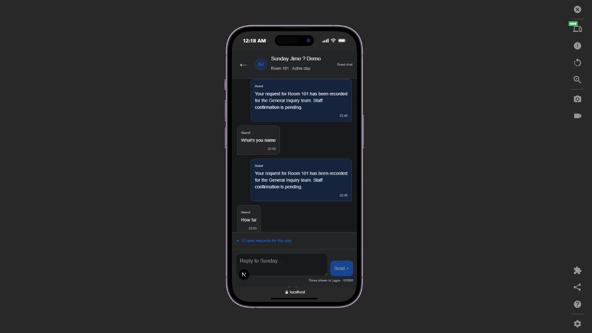 itz_Keyz001's tweet photo. A guest sends a Telegram message. Their request appears on the hotel’s staff dashboard—without refreshing.

That live flow is now working in my hotel guest operations prototype.

The goal: fewer front-desk interruptions and clearer tracking of guest requests. https://t.co/58ztD5OUyq