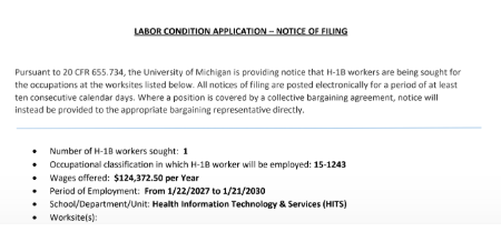 chrisbrunet's tweet photo. This week @UMich posted H-1B jobs for: 

- Business Intelligence Analyst ($95k)
- App Programmer ($124k)
- Senior Data Architect ($95k) https://t.co/C4ZIuVl6ZX