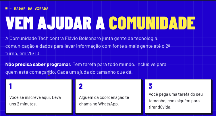 granatowp's tweet photo. A Comunidade Tech contra Flávio Bolsonaro junta gente de tecnologia, comunicação e dados para levar informação com fonte a mais gente até o 2º turno, em 25/10.

Não precisa saber programar. Tem tarefa para todo mundo, inclusive para quem está começando. Cada um ajuda do tamanho que dá.

Quer ser voluntário? Se inscreva aqui: https://t.co/zZxGh8K82V