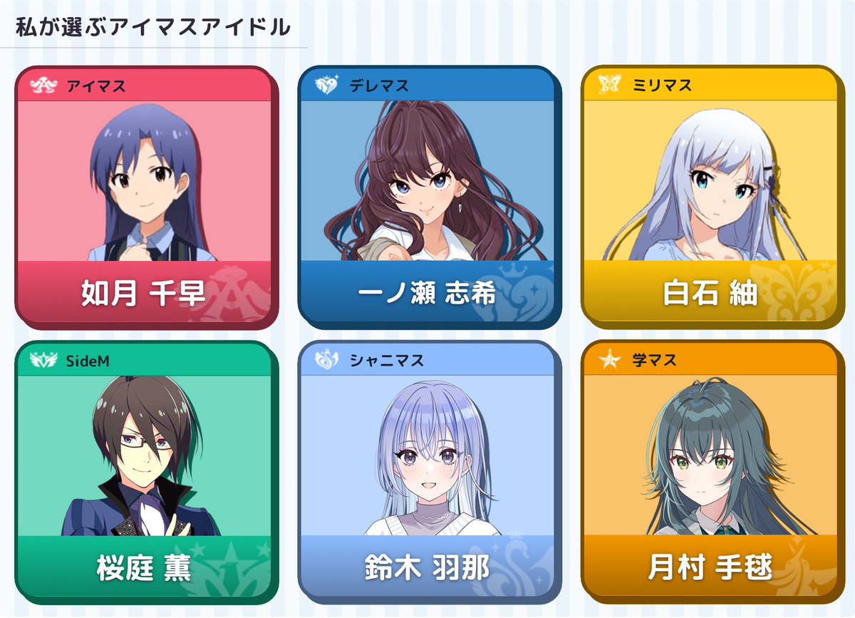 hpt8_m's tweet photo. 「私が選ぶアイマスアイドル」を作ったよ！

デレは完全に見た目です

https://t.co/s4HDMwlB7y…
#アイドルマスター #アイマス #私が選ぶアイマスアイドル #星月夜ポータル https://t.co/ukp0pL2nff