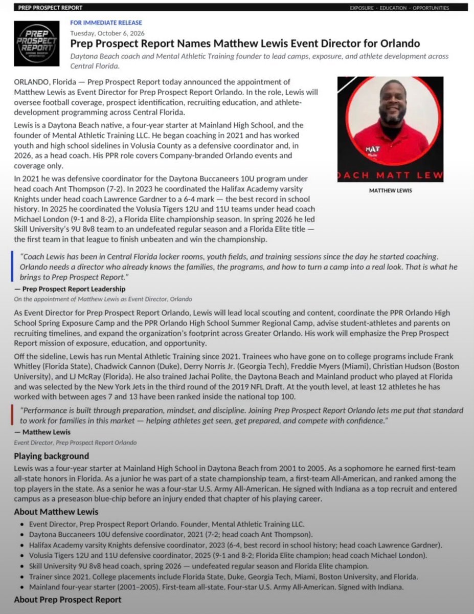 CoachLewMAT's tweet photo. “Performance is built through preparation, mindset, and discipline.”

Honored to join @prepprospect1 as Event Director in Orlando. My mission is to help Florida athletes get seen, prepared, and compete with confidence. 🏈

#FloridaFootball #AthleteExposure https://t.co/Unir97t793