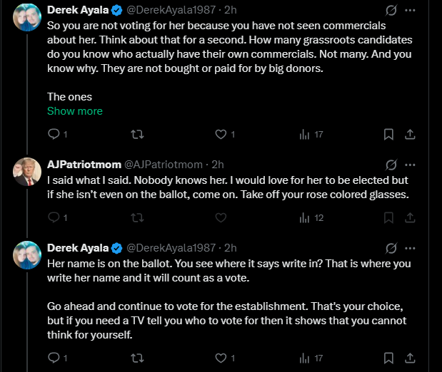 DerekAyala1987's tweet photo. I am assuming this lady is MAGA, since her profile photo is of her god. She got schooled by Grok and blocked both my wife and me because she cannot handle the truth.

Just own up and say that you made a mistake. Or go ahead and keep protecting the party.

Jenn Mack is on the ballot. Y’all can make any excuse you want, but facts are facts.

When you write in Jenn Mack, your vote will be counted.