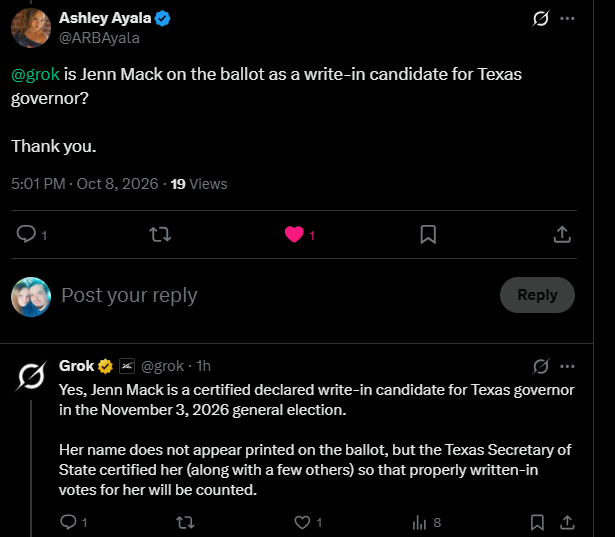 DerekAyala1987's tweet photo. I am assuming this lady is MAGA, since her profile photo is of her god. She got schooled by Grok and blocked both my wife and me because she cannot handle the truth.

Just own up and say that you made a mistake. Or go ahead and keep protecting the party.

Jenn Mack is on the ballot. Y’all can make any excuse you want, but facts are facts.

When you write in Jenn Mack, your vote will be counted.