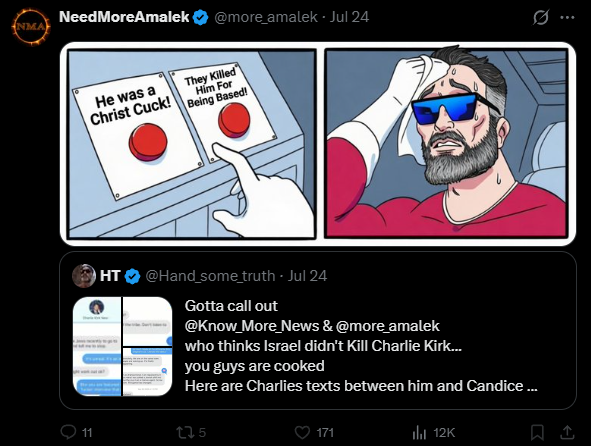 NeedMoreJews's tweet photo. @Ehrenkrieg2 NeedMoreAmalek and HT's public disagreement on the timeline over Charlie Kirk https://t.co/3cCctJ52fX