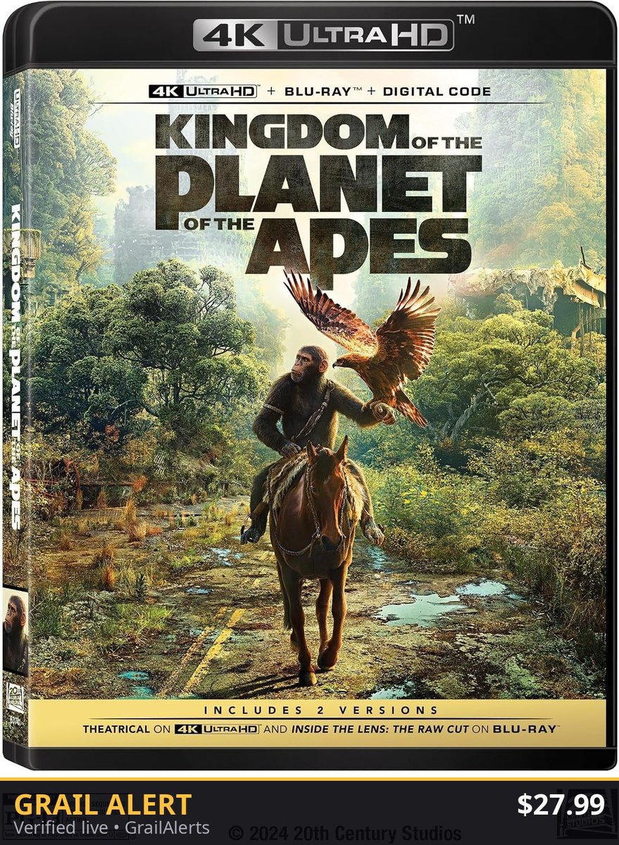 GrailAlerts's tweet photo. 🦍 KINGDOM OF THE PLANET OF THE APES 4K is down to $27.99 at Amazon — apes together strong, collection together stronger. #ad https://t.co/YNeTgGErDY #GrailAlerts https://t.co/BuP5MMmJ7N
