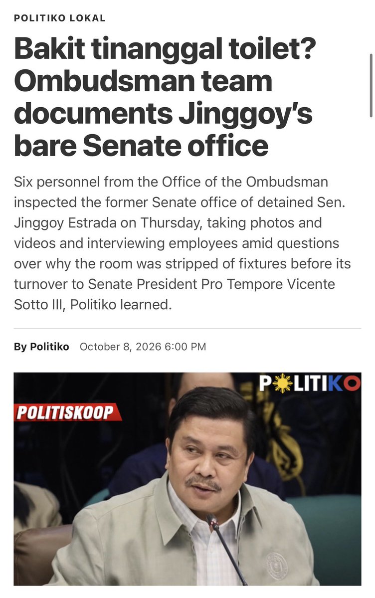 jesusfalcis's tweet photo. 🚨 OMG dahil sa pag-baklas ni Jinggoy Estrada sa opisina niya eh bumisita ang Ombudsman sa Senado kahapon to inspect the damage – toilets, tiles, lahat na!

Sabi ni tweety bird susunod din daw ang COA and GSIS.

Mukhang nakaka amoy ako ng sangkatutak na mga kaso!

😂 https://t.co/Ap8Oy1FVKc