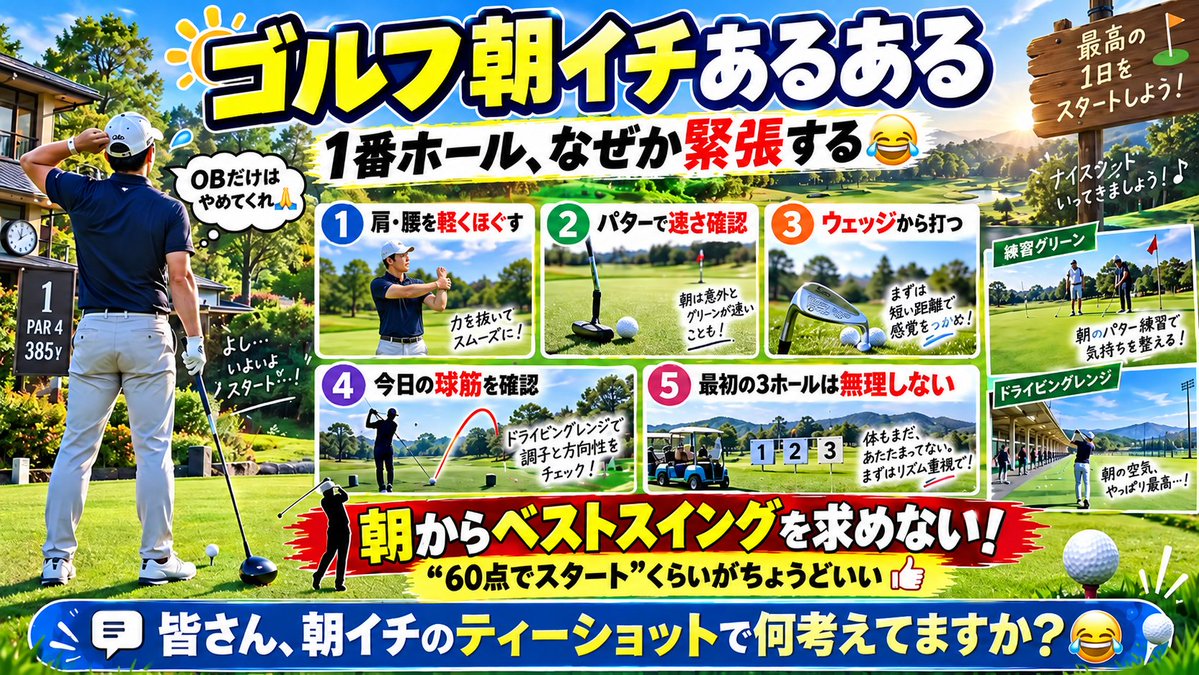 golf_roman50's tweet photo. ゴルフ⛳️朝イチで意識したいこと5つ

①肩・腰を軽くほぐす
②パターで速さ確認
③ウェッジから打つ
④今日の球筋を確認
⑤最初の3ホールは無理しない

朝からベストスイングを求めない。
“60点でスタート”くらいがちょうどいい。

皆さん、朝イチのティーショットで何考えてますか？😂 https://t.co/4l1g8vOVRI