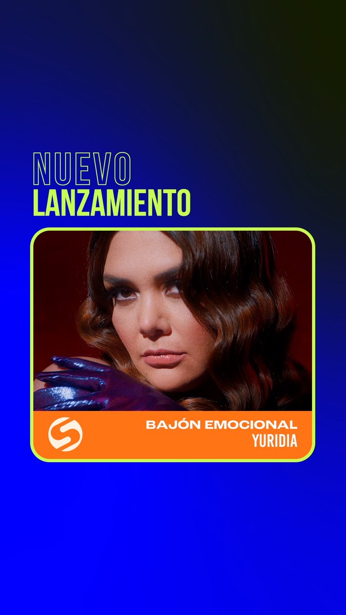 A promotional graphic for a new release titled 'NUEVO LANZAMIENTO' (New Release) featuring artist Yuridia's song 'BAJÓN EMOCIONAL' with a photo of her resting her chin on a metallic purple-gloved hand.
