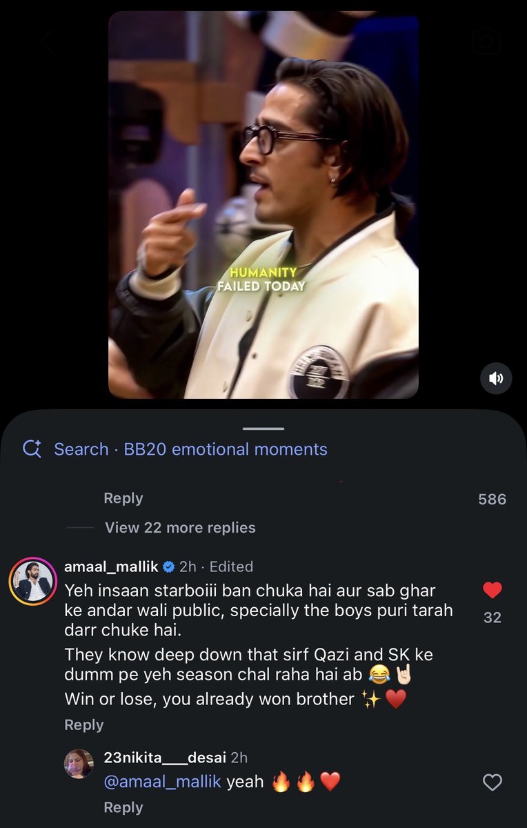 Shekupie24's tweet photo. #AmaalMallik liked QAZI’s singing reel&amp; commented on another!The love &amp; recognition #QaziTouqeer is receiving from former BB contestants is unmatched. No paid PR can compete with the genuine love &amp;support of the neutral audience. So well deserved &amp; LONG overdue!🏆❤️ #BiggBoss20 https://t.co/Q59eme8Dh2