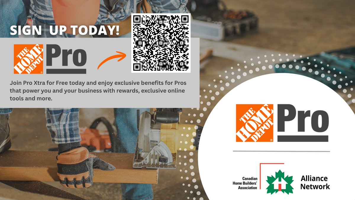 CHBANational's tweet photo. The Home Depot Pro Experience is built for pros like you!

CHBA #AllianceNetwork member @HomeDepotCanada helps construction and home improvement professionals save time and money with Pro brands at everyday low prices, convenient delivery options and professional-grade rental equipment.

Plus, get rewarded on your purchases any way you pay with a Pro Xtra ID, whether in-store, at home or on the job site.

Learn more about the CHBA Alliance Network and The Home Depot: https://t.co/JA5YtvPwZF

#HomeDepotPro