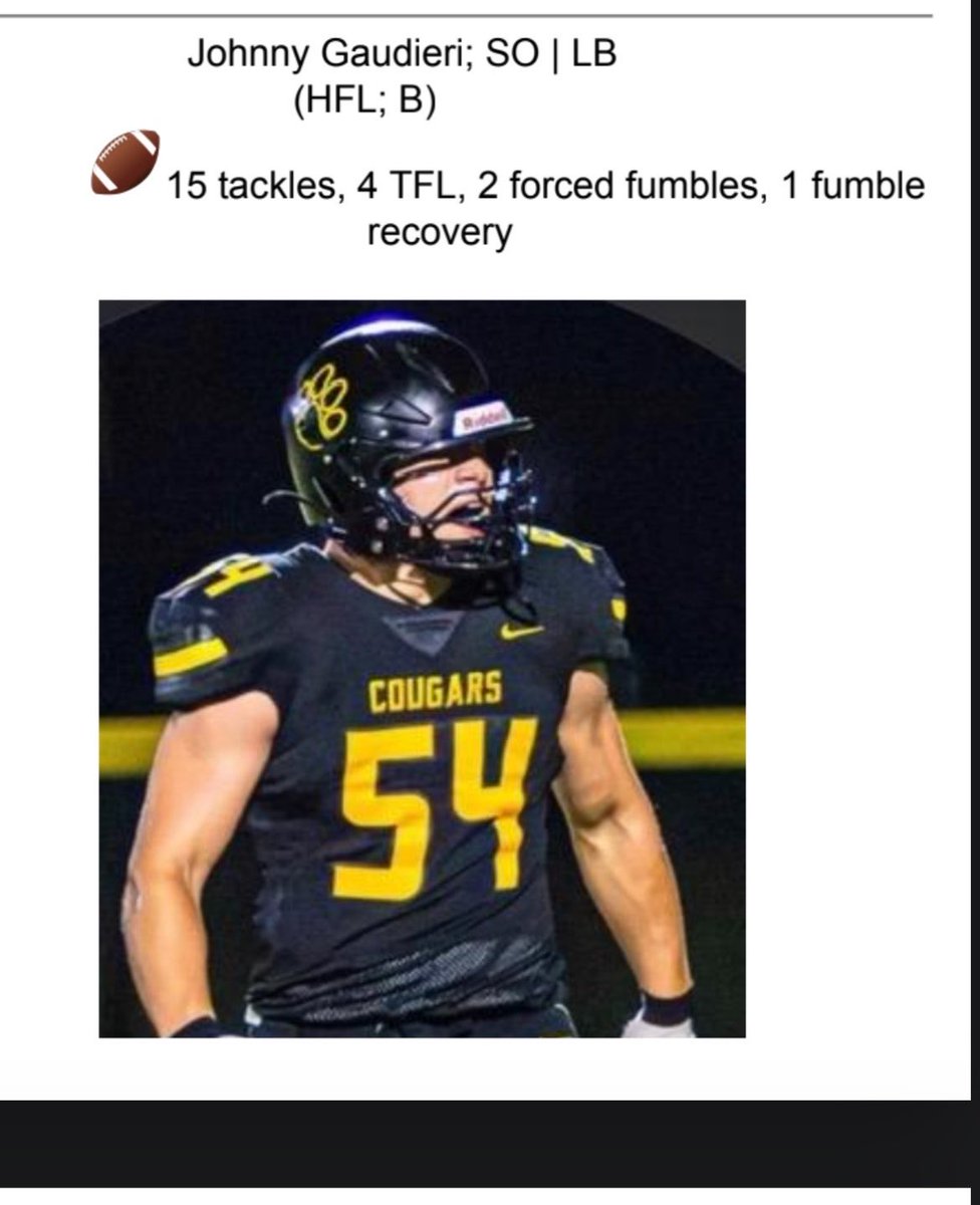 JohnnyGaudieri's tweet photo. Honored to be named Section V Class B Defensive Player of the Week! Thank you to all my coaches and teammates who made this possible!

@SecVAthletics @HFLfball @G_Parker_ @MulumbaT https://t.co/nX432OWQtf