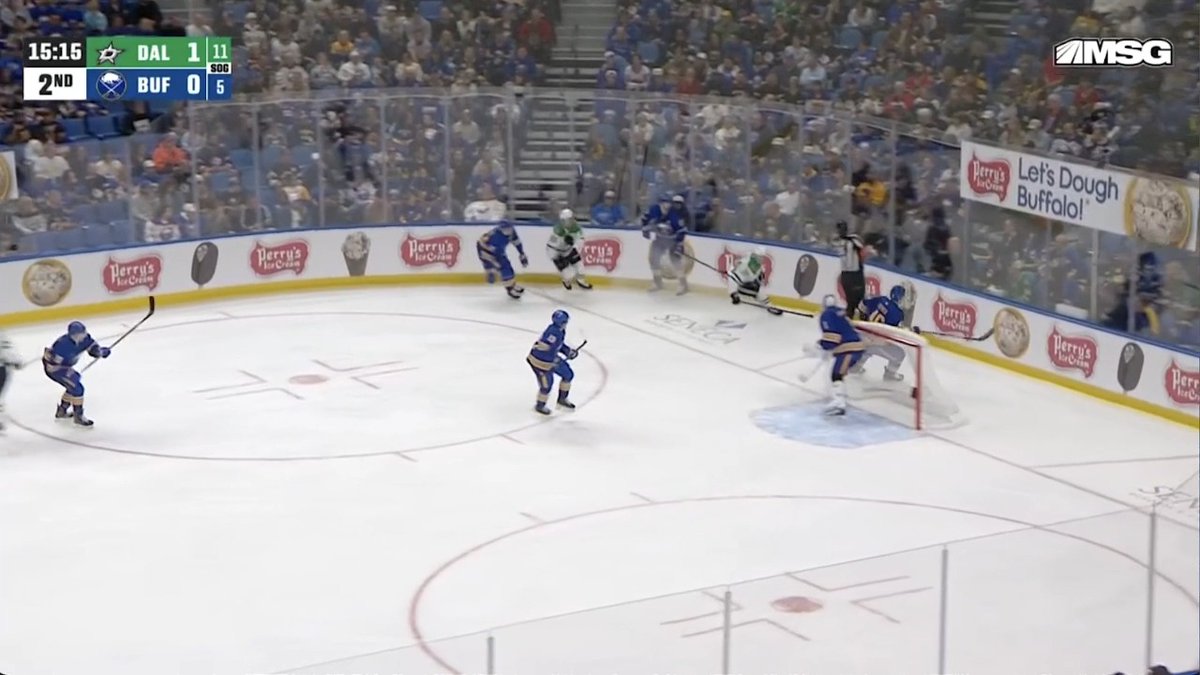 A hockey game broadcast on MSG showing the Dallas Stars (DAL) leading the Buffalo Sabres (BUF) 1-0 with 15:15 remaining in the 2nd period.