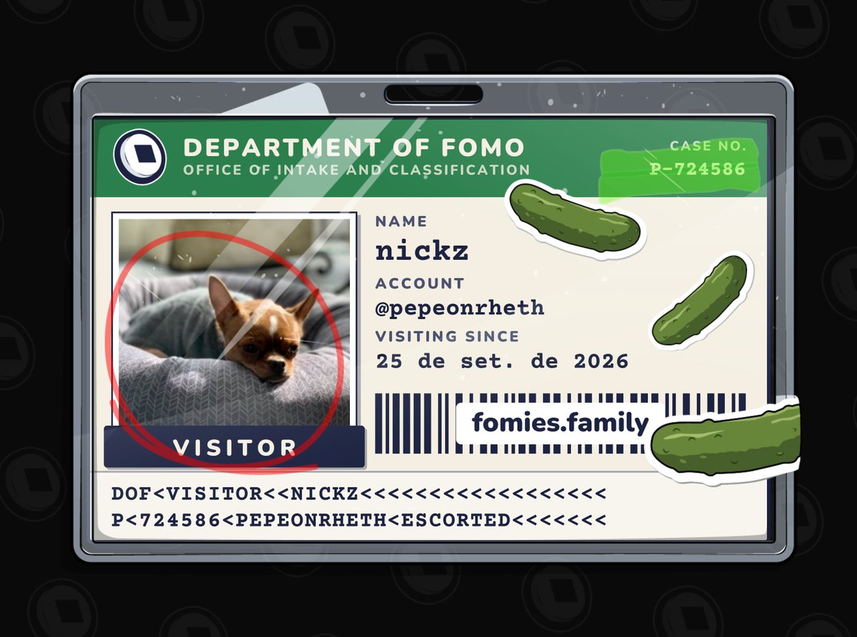 pepeonrheth's tweet photo. visiting the department of fomo. no case yet. must be escorted at all times. @FomiesNFT  i got some pickles on my card🥒 👀 https://t.co/j9B3IvnwC9