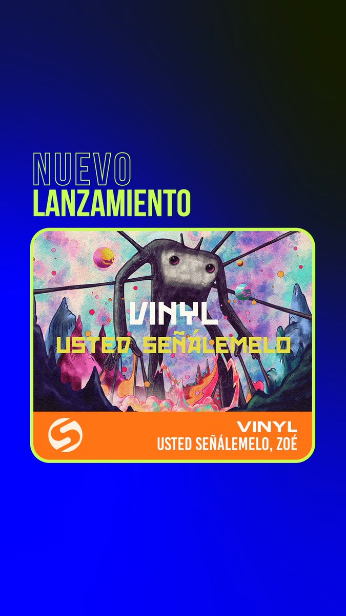 A promotional graphic for Shazam featuring album cover art with text reading 'NUEVO LANZAMIENTO' (New Release) and 'VINYL - USTED SEÑÁLEMEMELO' showing a dark figure against a colorful cosmic background.