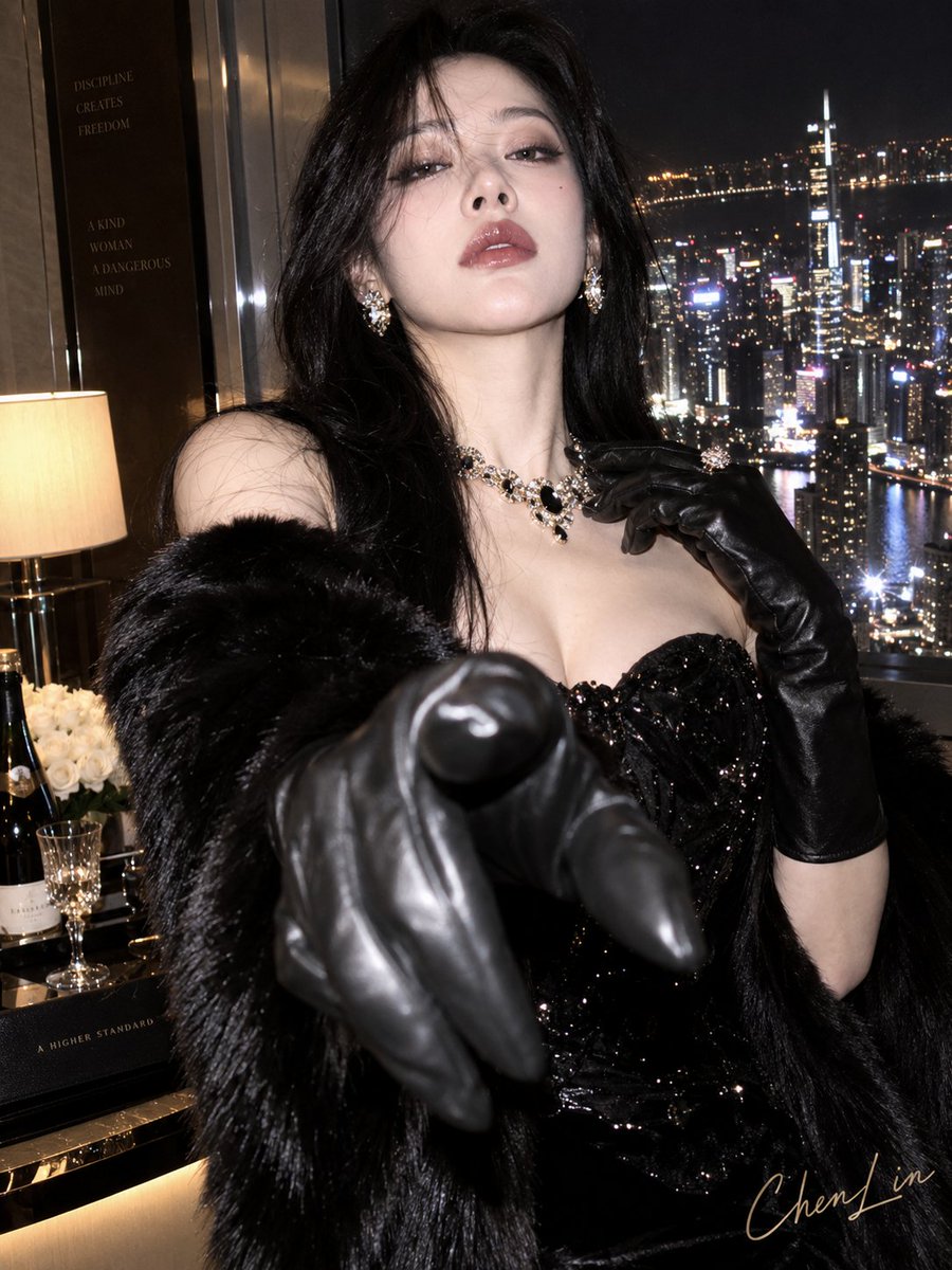 spark_chenlin's tweet photo. 《午夜黑天鹅》🖤

黑色蕾丝、皮草、钻石，还有一个不容拒绝的勾手。

今晚的大小姐，好像不太好惹。

Prompt：

韩系不完美美女，直闪抓拍质感，大小姐命令姿态，酒店落地窗前，时尚杂志风，窗外城市灯海被压成光墙，微仰角近景，夸张表现力 https://t.co/N2e4zQIMqZ