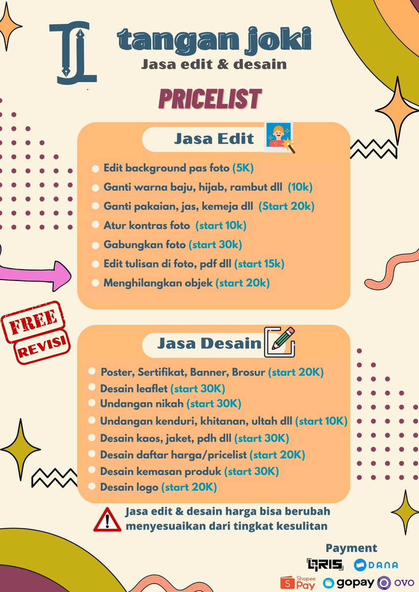tanganjoki99's tweet photo. Open jumat jasa edit foto &amp; desain🎨
melayani🪄
✓Ganti baju/jas/kemeja/hijab
✓Ubah warna pakaian/hijab
✓hapus/tambah objek
✓atur kontras/hdin foto
✓ganti tulisan pdf/scan
✓Desain poster/banner/brosur/logo/kaos/leaflet dll ¹
☎️order via WA di bio ya #zonauang #jasaeditfoto https://t.co/yitZde1Aw0