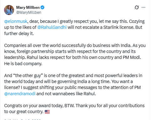 SmritiSharma_'s tweet photo. #MaryMillben’s message to #ElonMusk: In #India, Modi is the name you can’t ignore!

From Starlink’s licensing ambitions to a blunt political message, Millben has placed #PMModi at the centre of the conversation. https://t.co/lhID86P728