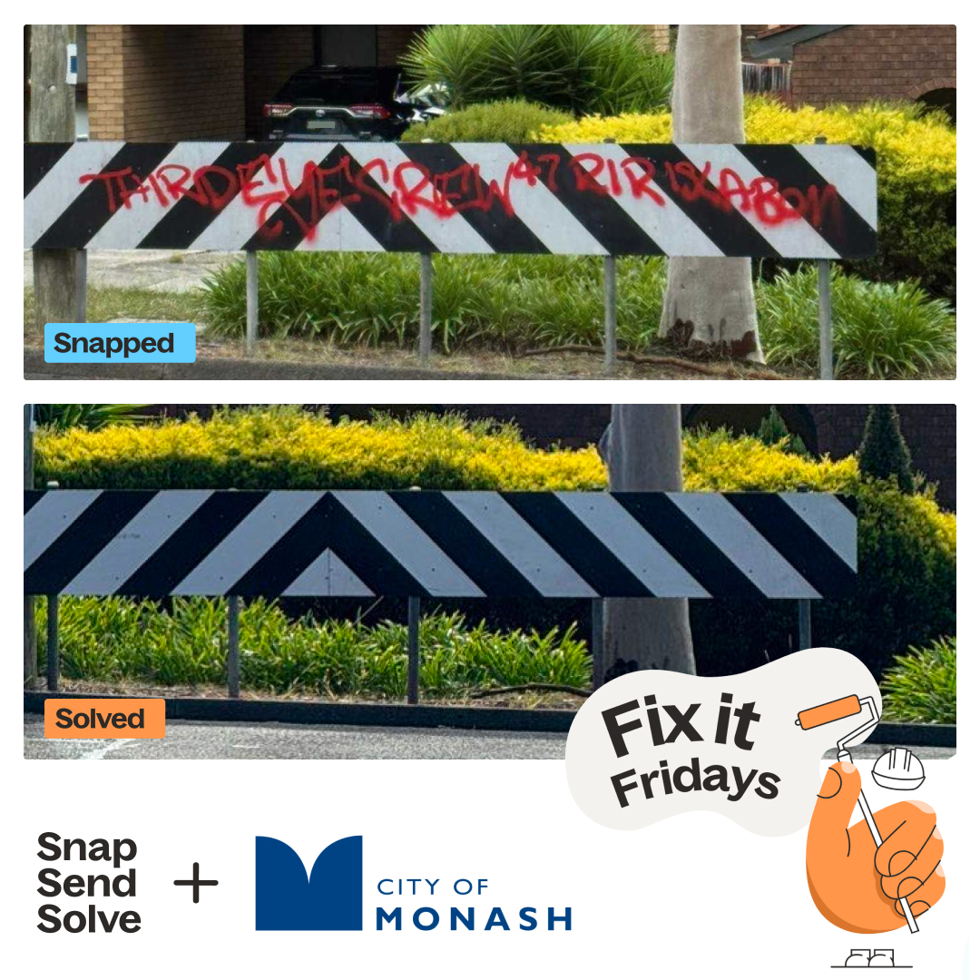 SnapSendSolve's tweet photo. This road barrier had a lot to say, none of it official City of Monash messaging. 

Fix-it Friday is exactly the day for sorting this kind of thing out, and the @CityofMonash did just that.

#FixItFriday #CityOfMonash #CommunitySafety https://t.co/D6tIcjTZhh