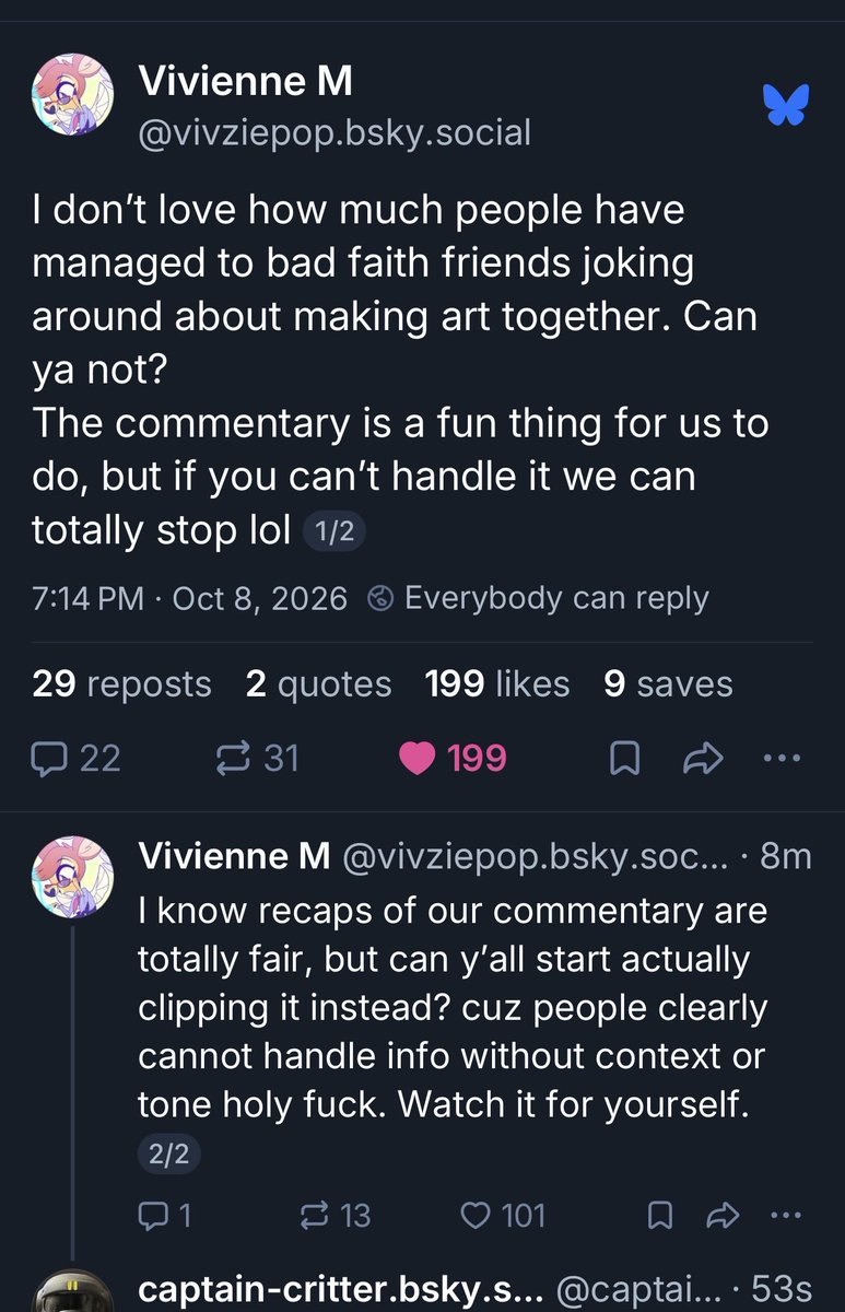 SophiePinkStar's tweet photo. Welp. Y’all might have actually ruined fun Directors commentary for us.

For everyone who was being absolutely nasty over something they purposely cherry-picked in the worst light and didn’t even bother to watch or listen to the people who DID watch, I hope you’re fucking happy. https://t.co/dIfOWXOlqa