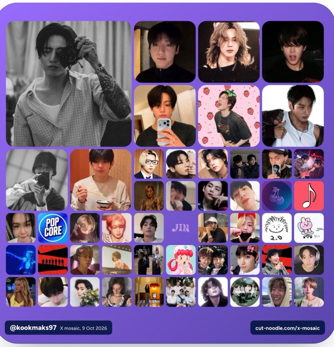 A purple-themed photo mosaic by '@kookmaks97' using x-mosaic on 9 Oct 2026, displaying numerous images of a K-pop idol with 'JIN' and '2.0' visible among the collage.