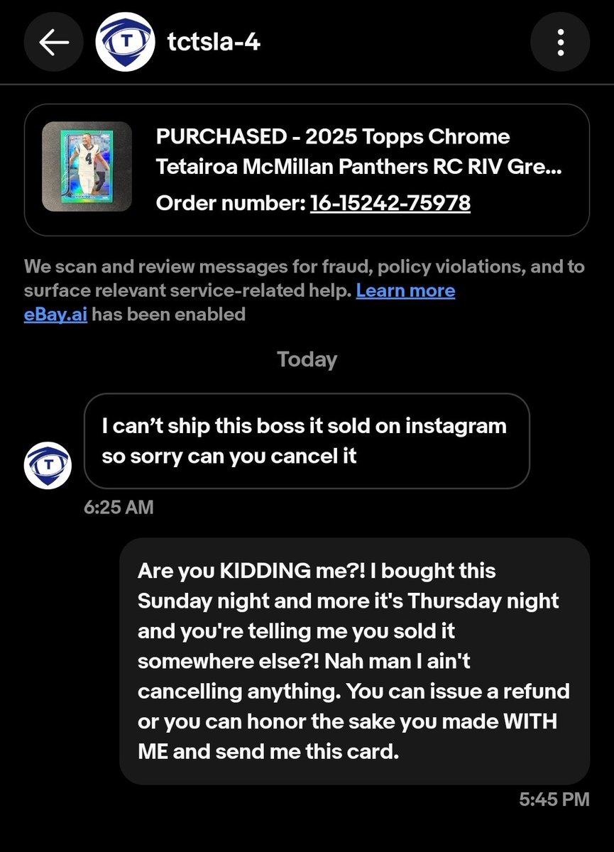 HBartender46's tweet photo. Got another scumbag #Ebay seller @CardPurchaser 
Bought this McMillan Rookie Variation /99 SUNDAY NIGHT and this guy messages me Thursday morning he sold it on Instagram and wants ME to CANCEL?!? https://t.co/ARmaFZo4Mt