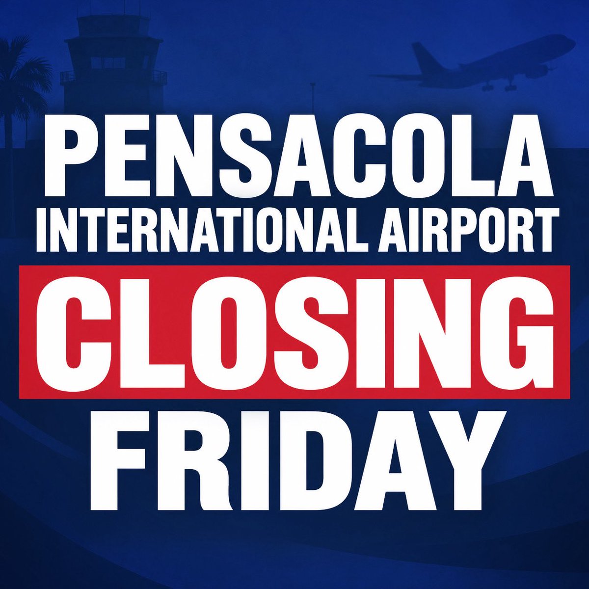 AllEmeraldCoast's tweet photo. 🚨 PENSACOLA INTERNATIONAL AIRPORT CLOSING FRIDAY

Pensacola International Airport will close to commercial flights at 10 a.m. Friday, October 9, ahead of Hurricane Isaias. The airport’s runways will shut down at 6 p.m. Officials say operations could resume Saturday or Sunday, depending on weather conditions and any storm damage. Travelers should check directly with their airlines for flight updates.