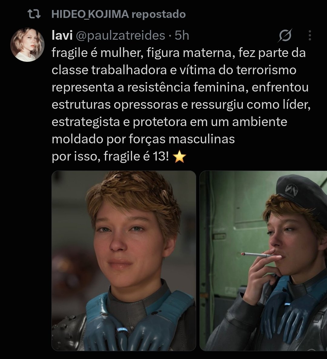 SucumbaGames's tweet photo. O renomado diretor de games Hideo Kojima retuitou uma publicação feita pela usuária @paulzatreides, que relaciona a história de luta de Fragile, personagem de Death Stranding, ao atual cenário político brasileiro.

“Fragile é 13 🌟” (Lula) https://t.co/dx5Hho7r80