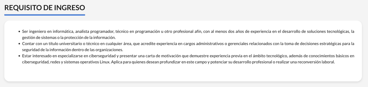 johnvivas_'s tweet photo. @itsben_a @GullitDelBulla el punto no es si puedes aprender ciberseguridad haciendo cursos XD 

recomiendas algo super especializado a alguien que probablmente no sabe mucho de informatica. Donde aparte en el duoc te deja claro que la forma de ingresar es tener la ingenieria y al menos dos años de exp xD https://t.co/9HCzK7OdGA