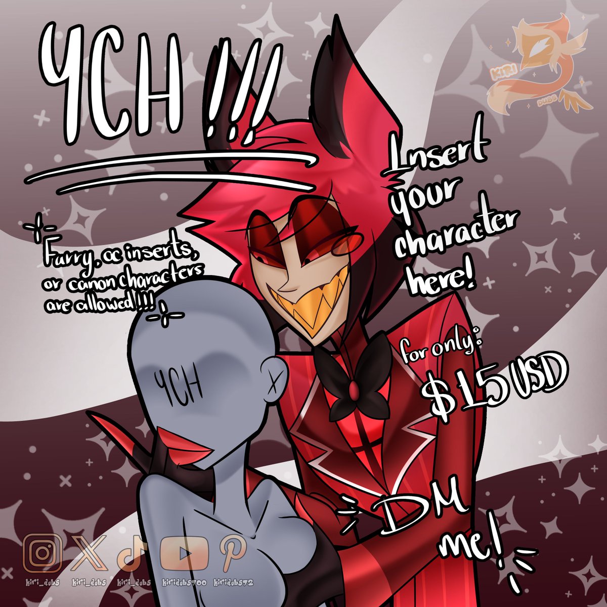 kiri_shape's tweet photo. 📻 YCH COMMISSIONS OPEN! 📻
Get your character drawn with Alastor! 🤩
��� Furry, OC inserts, or canon characters welcome! 
✨ Flat Color: $12 USD 
💫 Full Color: $15 USD
Send me a DM to reserve your spot!
#YCH #commission #HazbinHotel #Alastor https://t.co/eQSOtkNWcd