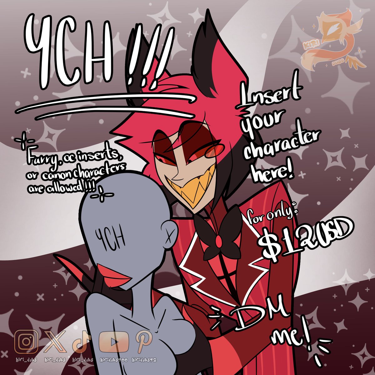 kiri_shape's tweet photo. 📻 YCH COMMISSIONS OPEN! 📻
Get your character drawn with Alastor! 🤩
��� Furry, OC inserts, or canon characters welcome! 
✨ Flat Color: $12 USD 
💫 Full Color: $15 USD
Send me a DM to reserve your spot!
#YCH #commission #HazbinHotel #Alastor https://t.co/eQSOtkNWcd